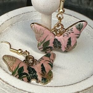 Dangle pink and green butterfly earrings